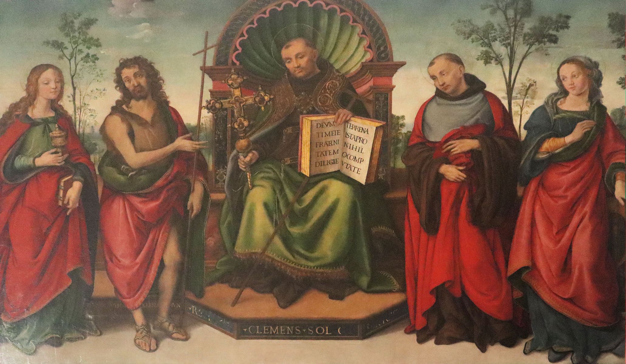 Raffaellino del Garbo: Johannes (Mitte) mit Maria Magdalena (links), Johannes dem Täufer  (halblinks), ?? (halbrechts) und Katharina von Alexandria (rechts), 1508, in der Sakristei der Kirche in der Klosterkirche Vallombrosa
