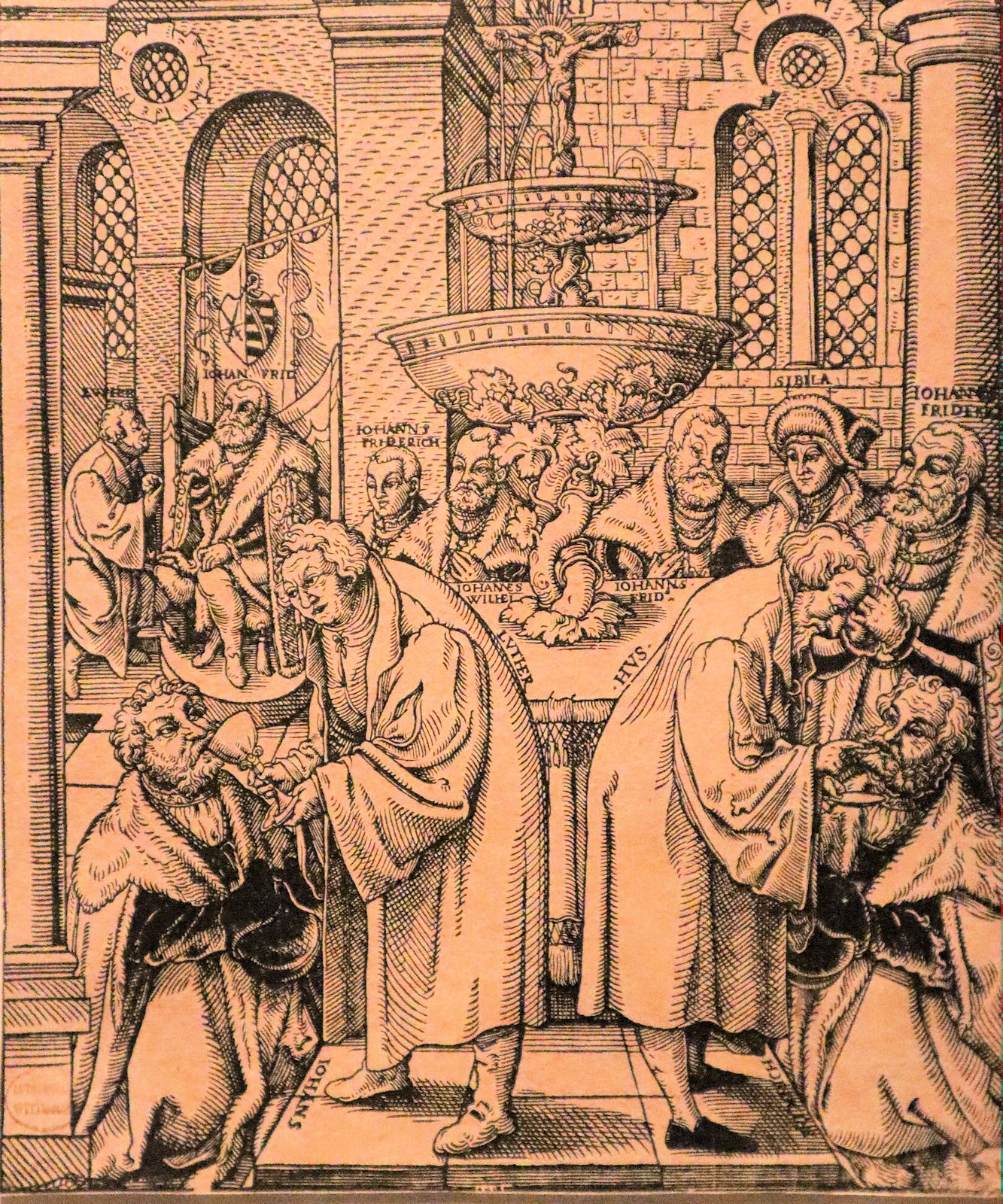 Lukas Cranach-Schule: Martin Luther (links) und Jan Hus teilen das Abendmahl aus - Luther an Kurfürst Johann I. „den Beständigen”, Luther an Kurfürst Friedrich III. „den Weisen”, um 1551, im British Museum in London