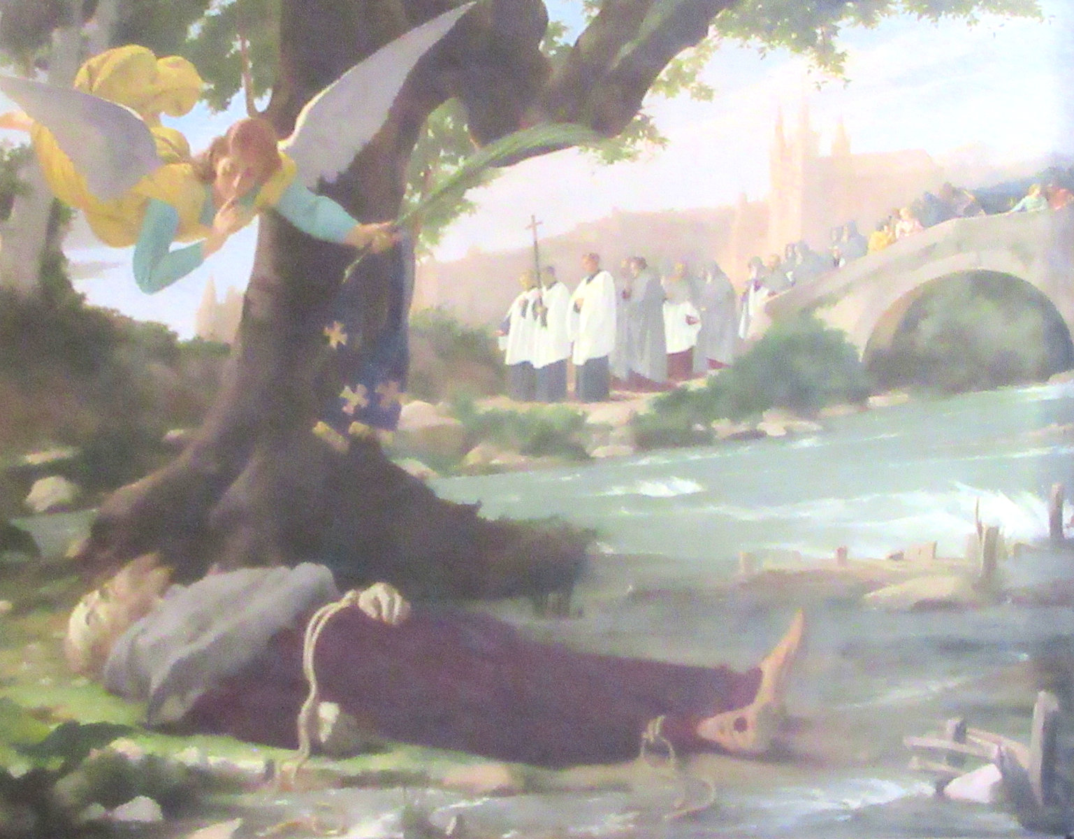 Emil Holárek: Johannes' Leichnam wird an der Karlsbrücke in Prag an Land gespült, 1892 (?), Bild in der Kirche San Lorenzo in Lucina in Rom