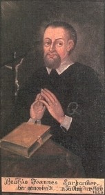 Anonymer Künstler des 18. Jahrhunderts: Johannes Sarkander. Inschrift: Gemordet zu Olmütz 17 März 1620. Im Dom in Olomouc