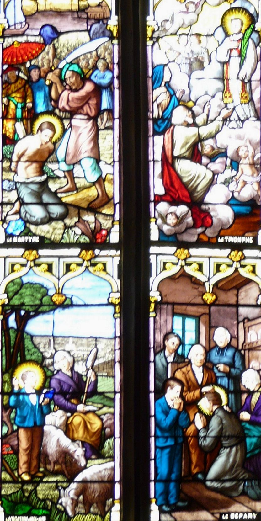 Glasfenster mit Lebensstationen von Johannes Theophan Vénard, in der Kirche Notre-Dame-de-l'Assomption in St-Loup-sur-Thouet