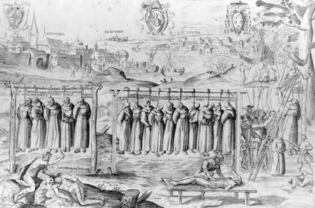 Kupferstich: Die Märtyrer von Gorkum (vgl. Adrian Jansen) sowie vorne links das Martyrium von Johannes, 16. Jahrhundert, in Privatbesitz