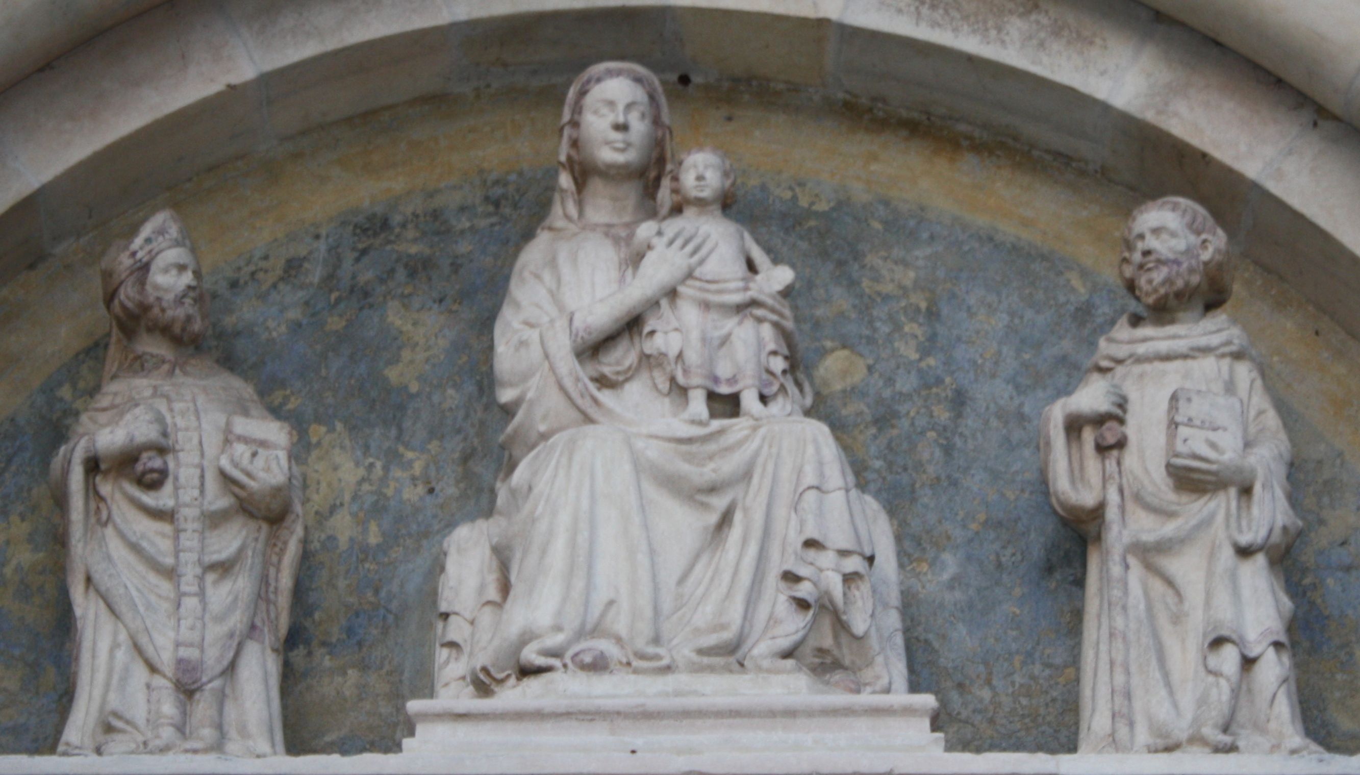 Johannes (rechts) mit Ambrosius von Mailand und Maria, Lünette an der Kirche der 1176 als Humilaten-Kloster gegründeten Abtei Viboldone in San Giuliano Milanese bei Mailand