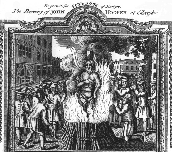 Kupferstich aus Fox's Buch der Märtyrer, London, 1784: Die Verbrennung von John Hooper in Glocester