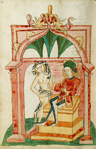 Schüler des Hans Schilling aus Hagenau im Elsass: König Josaphat wird von einer Frau in Versuchung geführt, 1469, im Getty Center in Los Angeles
