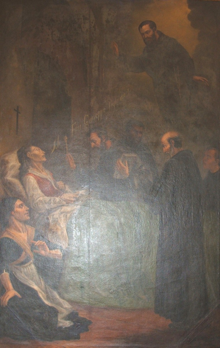 Gemälde: Josefs Mutter auf dem Sterbebett, begleitet von Josefs einziger überlebender Schwester Livia (links unten) und Geistlichen, während ihr Josef erscheint, Ende des 18. Jahrhunderts, in der Kapelle gegenüber dem Santuario von Josef in Copertino