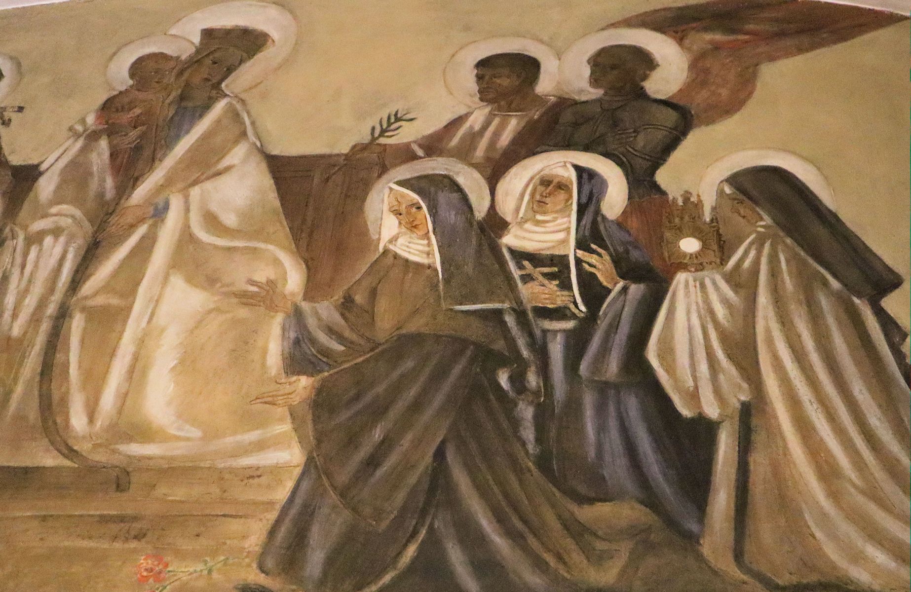 Julia (ganz rechts) mit Klara von Montefalco (rechts) und Rita von Cascia (halbrechts) vor „Maria vom Trost”, Fresko in der Augustinerkirche in Würzburg