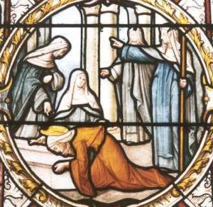 Glasfenster: Juliana am Grab von Austreberta, in der Kirche St. Austreberta in Pavilly