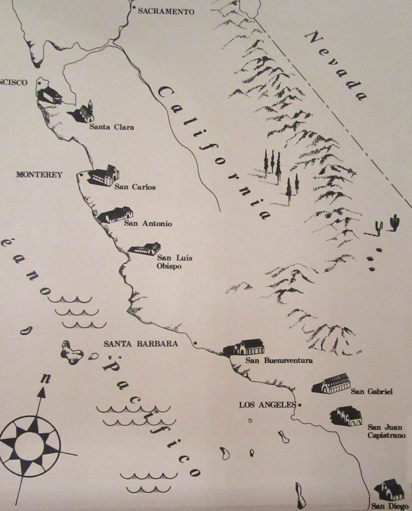 Die von Juniperus gegründeten Missionsstationen in Kalifornien, Grafik im Museum neben seinem Wohnhaus