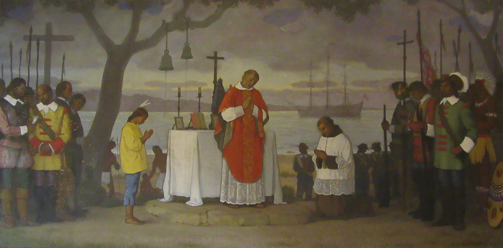 Juan Miralles: die erste Messe in San Carlos - heute ein Stadtteil von Monterey -, wo Juniperus 1770 sein Hauptqurtier für Kalifornien gründete, Ölbild im Museum neben seinem Wohnhaus