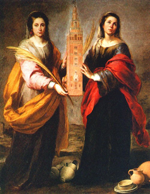 Bartolomé Esteban Murillo: Justa und Rufina mit dem Turm, den sie bei einem Erdbeben vor dem Einsturz bewahrt haben sollen, 1665/1666, im Museum der schönen Künste in Sevilla