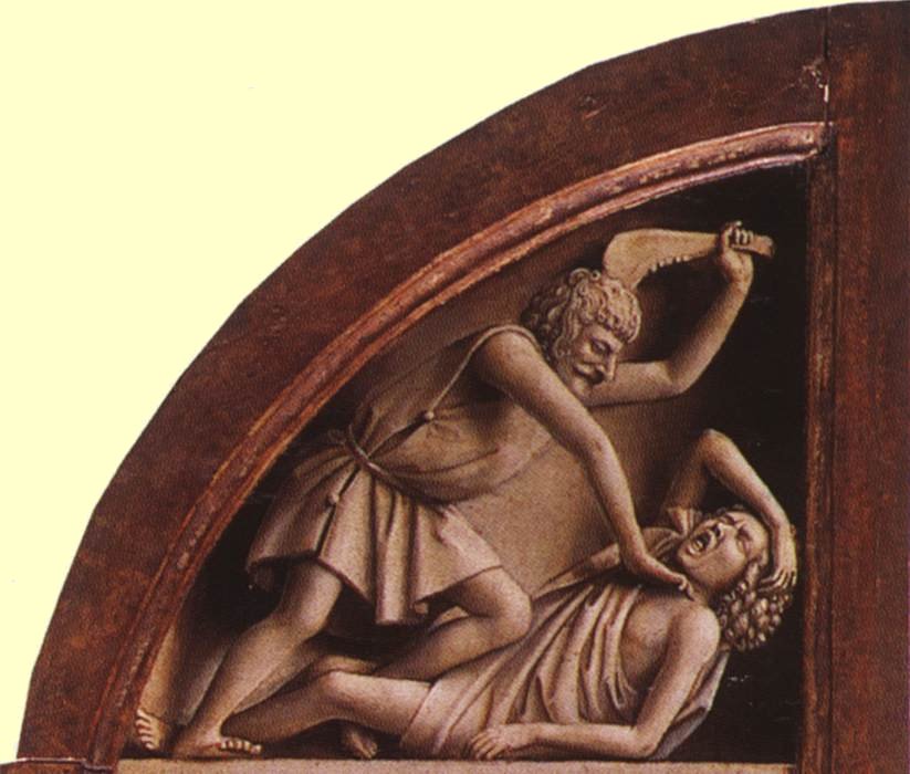 Hubert und Jan van Eyck: Der Mord an Abel. Aus dem Ghenter Altar, 1425 - 29, in der Kathedrale St. Bavo in Ghent