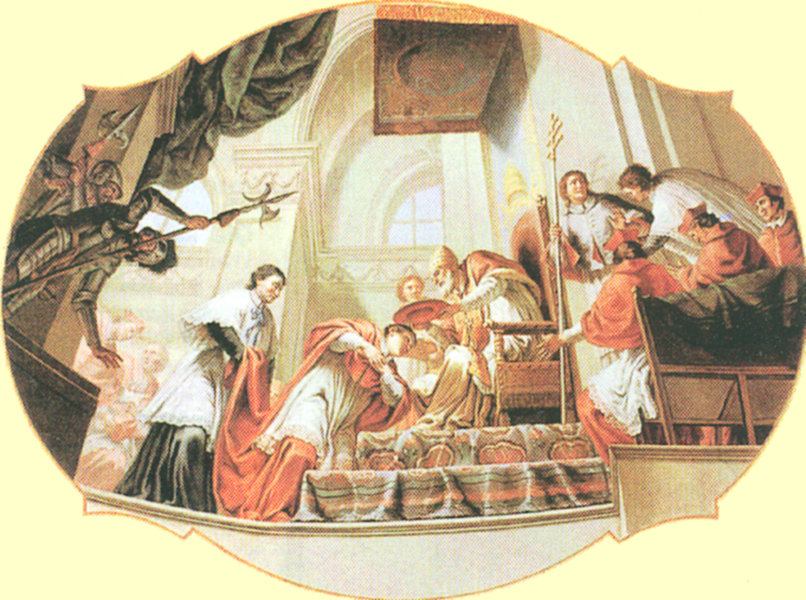 Martin Knoller: Karl wird zum Kardinal ernannt, Deckenfresko, 1765/1766, in der Karl geweihten Kirche in Volders bei Innsbruck