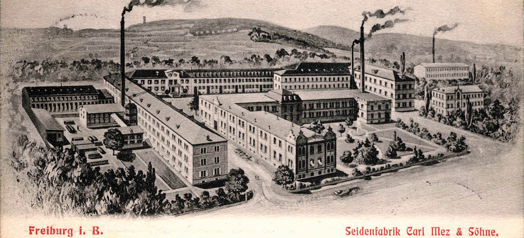 Karl Mez' Nähseidenfirma</a> in Freiburg, Lithographie, 1904; an ihrer Stelle steht heute das Gebäude des Südwestrundfunks