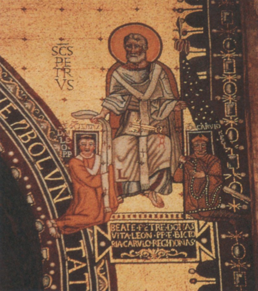 „Triclinium-Mosaik”, mit dem Leo III. im Lateranspalast kurz nach seiner Rückkehr aus Paderborn seine Sicht der Machtaufteilung deutlich machen ließ. Vatikanische Museen in Rom