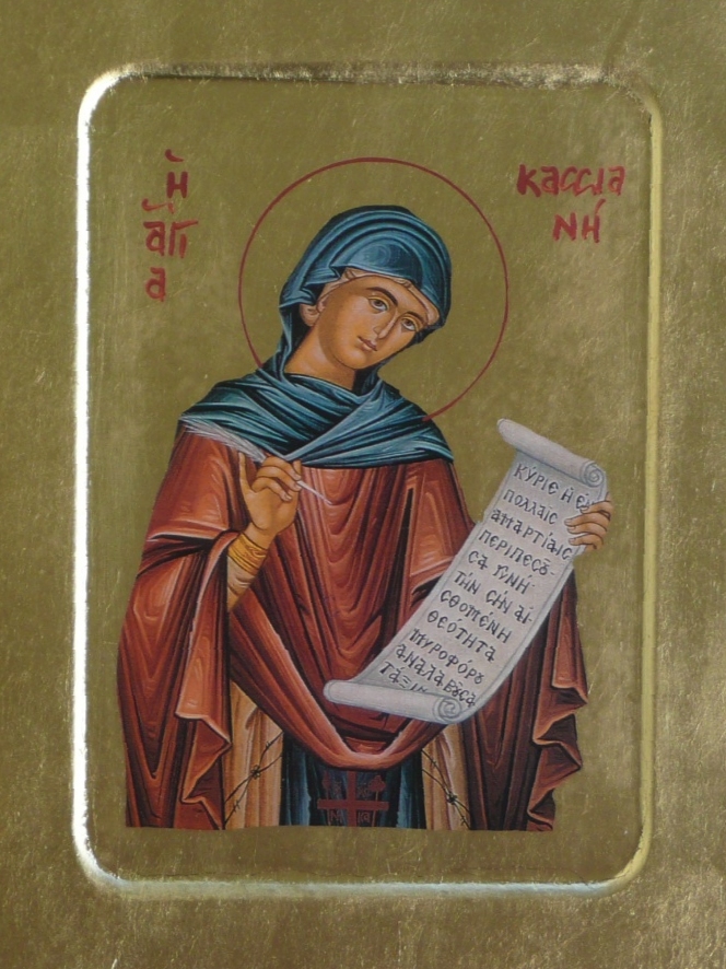 Moderne griechische Ikone. Die Schriftrolle zeigt die Worte „Herr, die vielen Sünden verfallene Frau, die Deine Göttlichkeit gewahrend, das Amt des Myrrhebringers annahm …” Diese Worte beziehen sich auf Maria Magdalena, die aber nicht namentlich genannt wird. Vermutet wird, Kassia wolle diese Worte auch auf sich selbst beziehen.