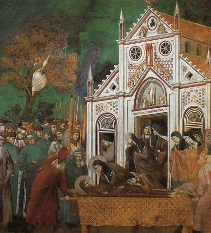 Giotto: Klara betrauert Franziskus, Fresko, 1300 in der Oberen Basilika San Francesco in Assisi