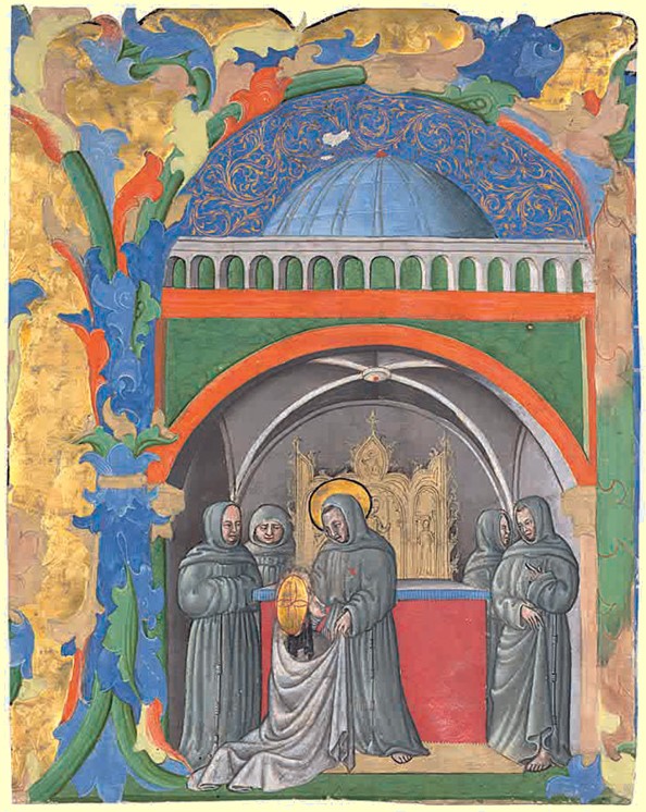Buchmalerei: Klara wird von Franziskus als Nonne berufen. Aus einer Antiphonen-Sammlung der Franziskaner, um 1435 in Bologna oder Venezien