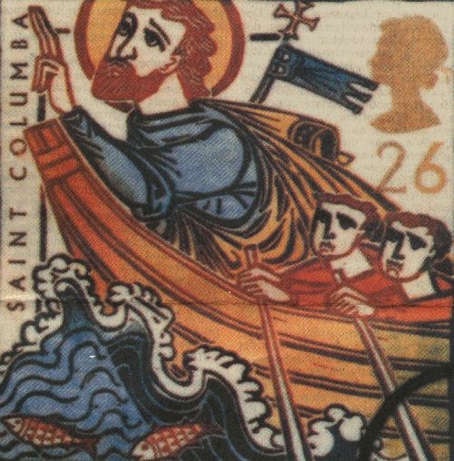 Kolumban fährt auf die Insel Iona. Englische Briefmarke von 1997 zum 1400. Jahr der Christianisierung Englands