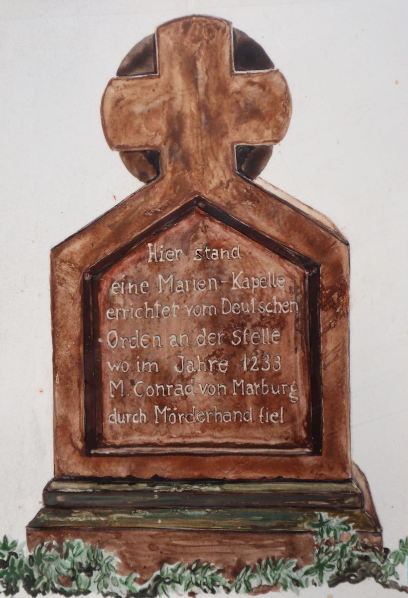 Zeichnung des Gedenksteins, der 1872 nach dem Abriss der vom Deutschen Orden an Konrads Sterbeort errichteten Kapelle aufgestellt wurde