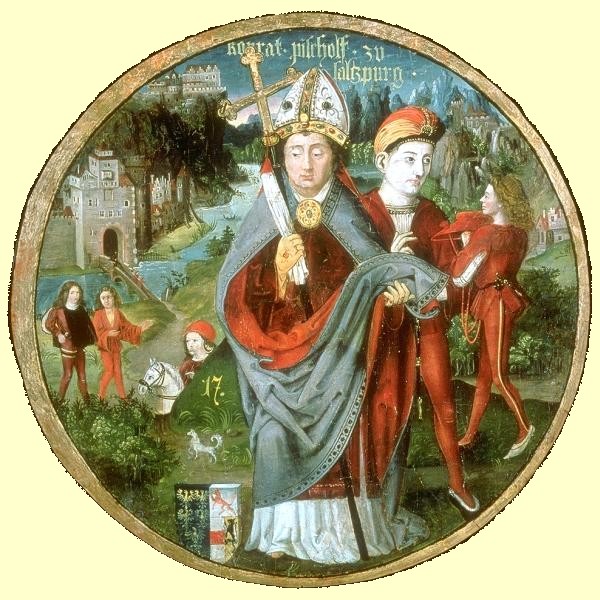 Erzbischof Konrad, Darstellung aus dem Babenberger Stammbaum, 1489/1492, in der Galerie Stiftes Klosterneuburg
