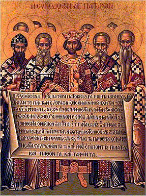 Ikone: Das 1. Konzil von Nicäa. Kaiser Konstantin entrollt den Text der ersten Hälfte des Nicänischen Glaubensbekenntnises