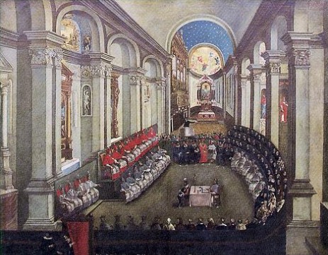 Unbekannter Künstler: Das Konzil von Trient, hier tagend in der Kirche Santa Maria Maggiore, spätes 17. Jahrhundert, Staatliches Hochbauamt Donauwörth