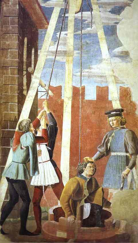 Giovanni da Piamonte und Piero della Francesca: Judas wird in den Brunnen geworfen, Fresko, 1452 - 1466, in der Chiesa San Francesco in Arezzo