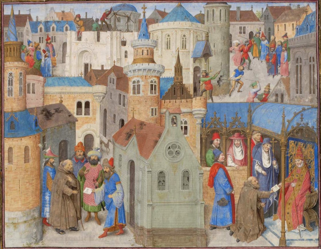 Simon Marmion Buchmalerei: Petrus der Einsiedler übergibt Papst Urban II. auf dem Konzil in Clairmont einen Brief, den Petrus vom Patriarchen von Jerusalem erhalten hatte. Aus: Guillaume de Tyr: Histoire des Croisades traduite en français, 1277 (?), in der Bibliothèque de Genève in Genf