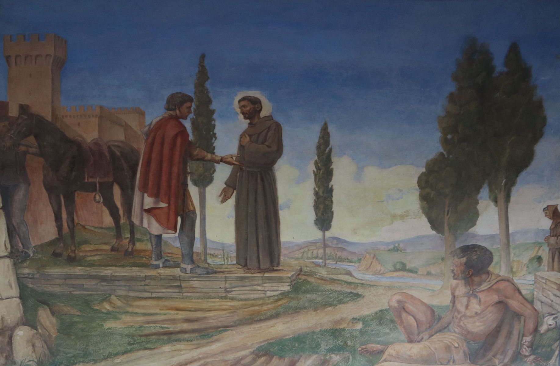 Franziskus erhält vom Grafen Orlando Catani den Felsen La Verna, Fresko im „Korridor der Stigmatisierung” im Sanktuarium La Verna