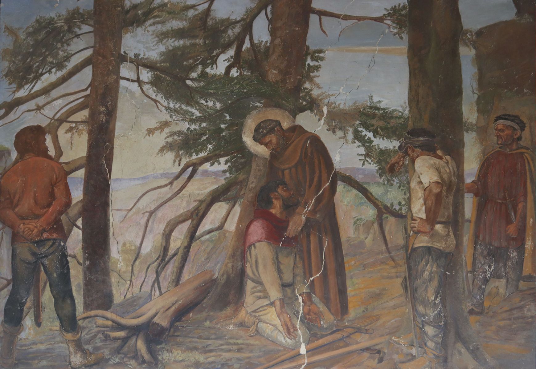 Franziskus bekehrt auf La Verna den Räuber Lupus, der zum Ordensbruder Agnellus wird, Fresko im „Korridor der Stigmatisierung” im Sanktuarium La Verna
