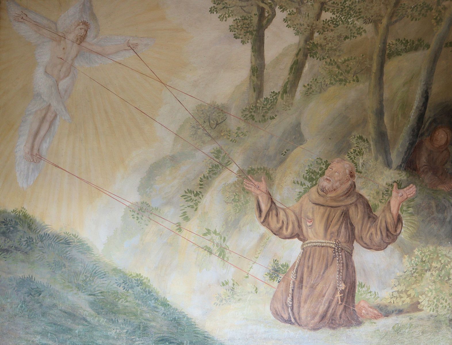 Christus verleiht Franziskus auf La Verna die Stigmata, Fresko im „Korridor der Stigmatisierung” im Sanktuarium La Verna