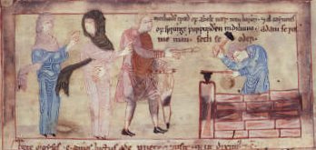Buchmalerei: Lamech mit seinen zwei Frauen und dem Sohn Tubal-Kajin, dem „Meister in allerlei Erz- und Eisenwerk” (1. Mose 4, 22), Canterbury um 1040