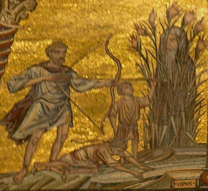 Mosaik: Lamech erschießt Kain und tötet Tubal-Kajin, 5. Jahrhundert, im Baptisterium San Giovanni in Florenz
