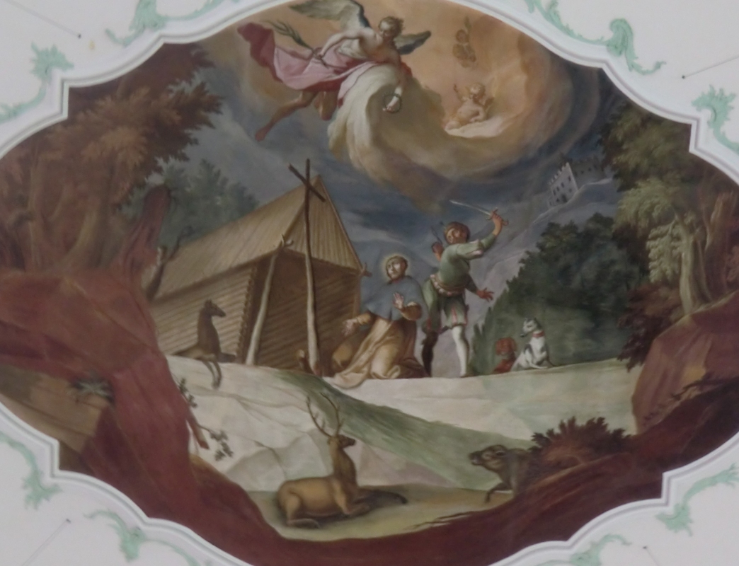 Anton Morath: Der Jäger enthauptet Landelin, Deckenfresko, 1764/65, in der Kirche in Ettenheimmünster