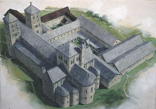 Zeichnung von Ivan Lapper: Rekonstruktion der Kathedrale in Canterbury, wie sie um 1077 unter Lanfranc gebaut wurde, erstellt aufgrund archäologischer und dokumentarischer Funde