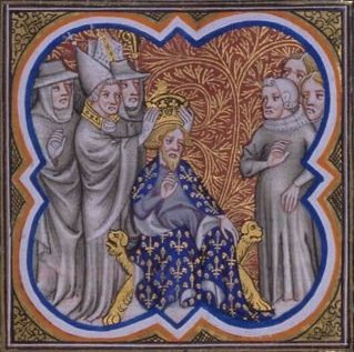 Buchmalerei: Krönung von Karl „dem Großen”, 14. Jahrhundert, in der Bibliothèque Nationale de France in Paris