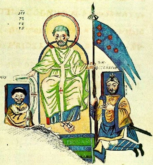Aquarellierte Nachzeichnung eines von Leo III. um 799/800 beauftragten Mosaiks in der neuerbauten Kirche Santa Susanna in Rom, das inzwischen verloren ist: Petrus (Mitte) überreicht dem Papst Leo III. (links) das Pallium und dem König Karl dem Großen (rechts) eine Fahnenlanze
