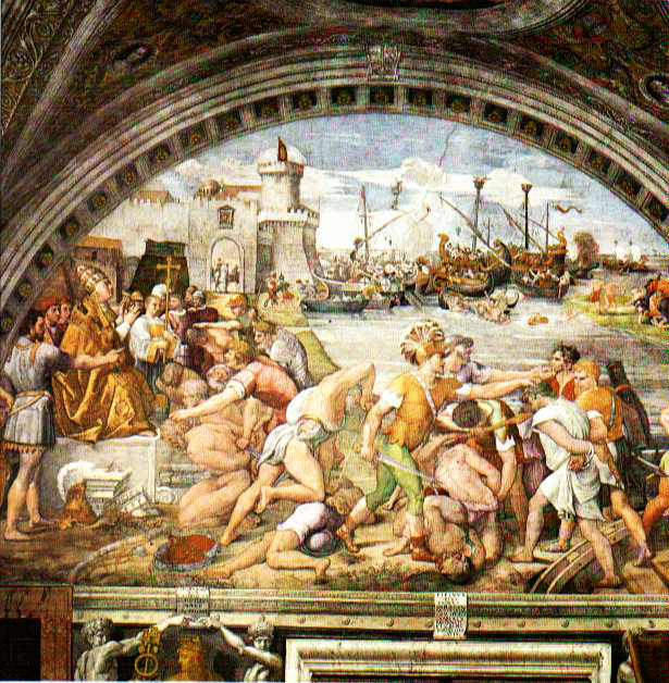 Raffael: Leo bei der Schlacht gegen die Sarazenen in Ostia, 1508, Stanza dell'Incendio di Borgo im Vatikan