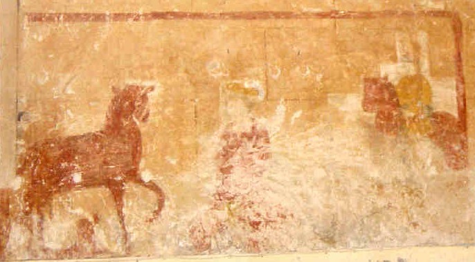 Wandmalerei: Leobin wird von Soldaten bedrängt, ihnen das Versteck der Schätze seines Klosters zu verraten, in der Leobin geweihten Kirche in Mazangé im Département Loir-et-Cher