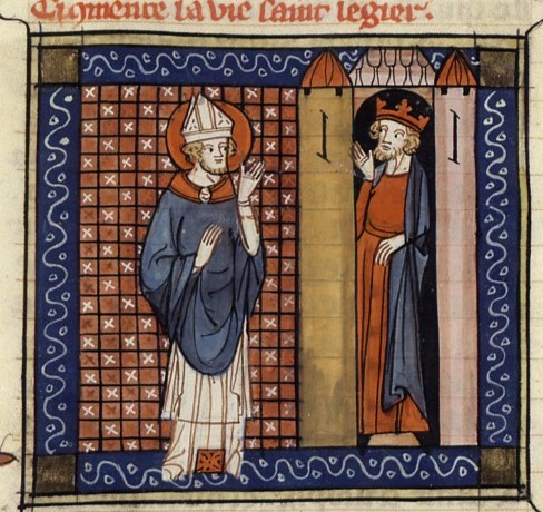 Buchmalerei aus: Jacobus de Voragine: Legenda aurea, übersetzt von Jean de Vignay, Paris, 14. Jahrhundert: Leodegar vor König Childerich II. Aus den Richelieu Manuscrits, in der Bibliothèque Nationale de France in Paris