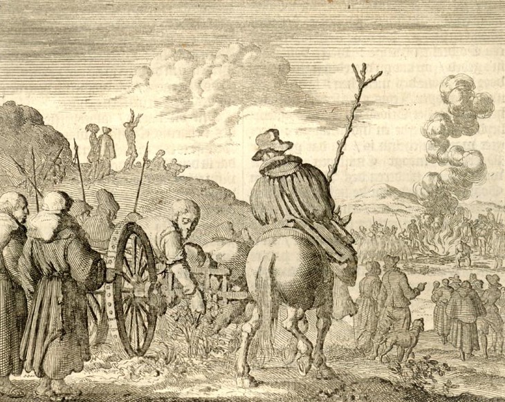 Jan Luiken: Kupferstich: Verbrennung von Leonhard Kaiser in Schärding im Jahr 1527. In: Martelaers Spiegel (Märtyrer-Spiegel), Amsterdam 1665