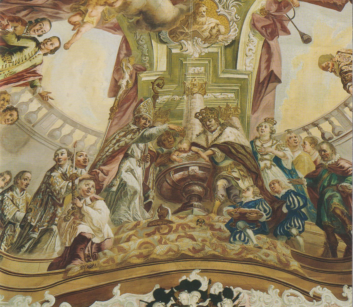 Ignaz Baldauf (1715 - 1795): Leonhards Taufe durch Remigius von Reims im Beisein von Merowinger könig Chlodwig I., Deckenfresko, in der Wallfahrtskirche St. Leonhard in Inchenhofen bei Aichach in Bayern