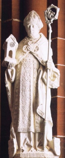 Statue av Liutwin fra slutten av 1400-tallet i valfartskirken St Lutwinus i Mettlach, trolig den eldste bevarte fremstillingen av ham © Joachim Schäfer - Ökumenisches Heiligenlexikon