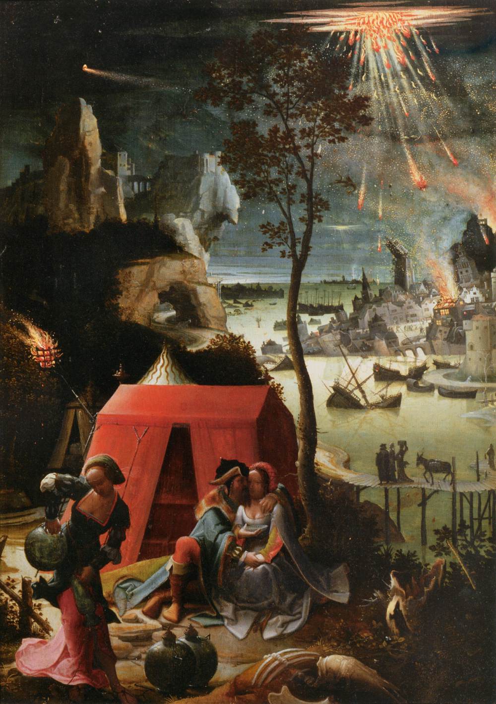 Lucas van Leyden: Lot und seine beiden Töchter vor dem untergehenden Sodom, um 1520, im Musée du Louvre in Paris
