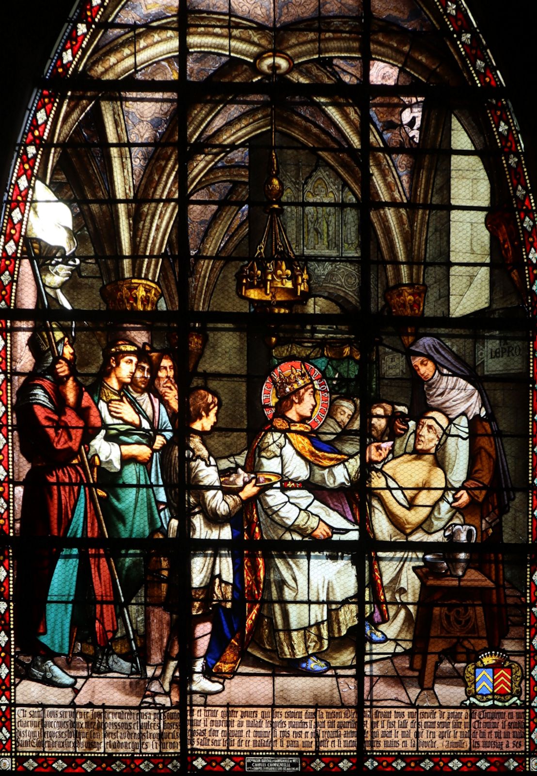Glasfenster: Ludwig besucht Kranke in dem von ihm 1250 gegründeten &bdquo;Table Dieu&rdquo; in Compiègne, 1886, in der Kirche Saint-Jacques in Compiègne