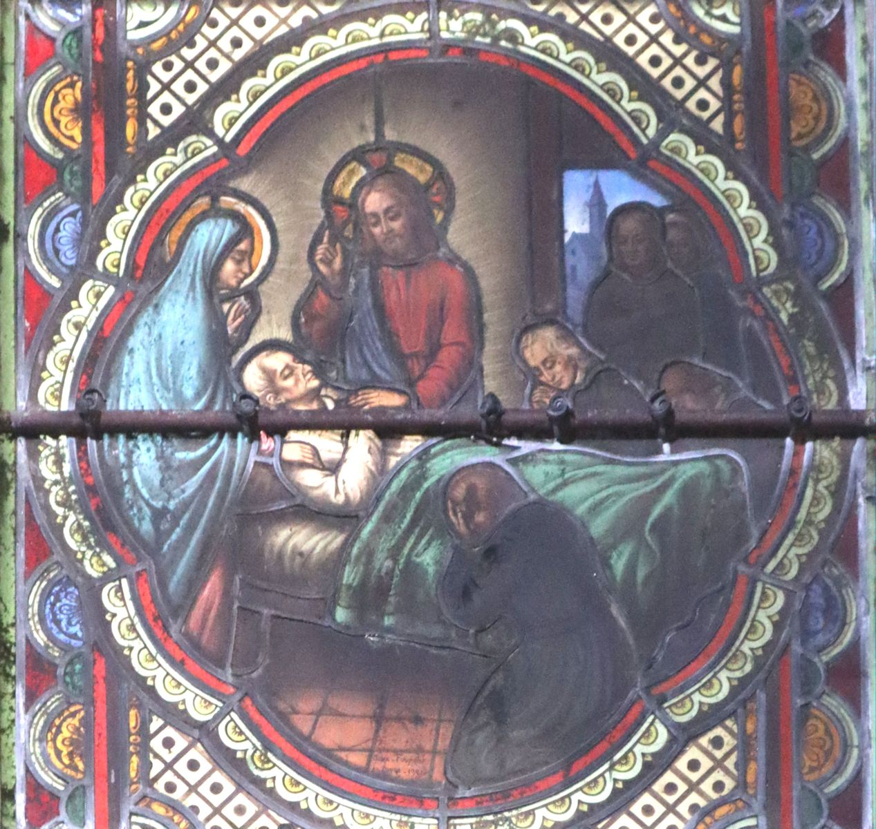 Glasfenster: Ludwig-Maria auf dem Totenbett, in der ihm geweihten Kirche in Saint-Laurent-sur-Sèvre