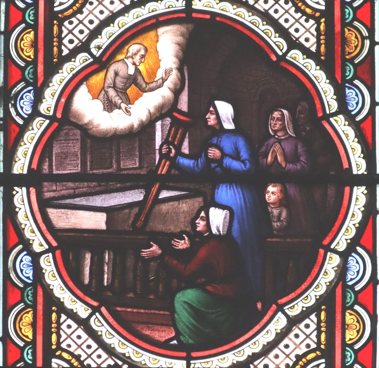 Glasfenster: Ludwig-Maria erscheint Bedürftigen, in der ihm geweihten Kirche in Saint-Laurent-sur-Sèvre