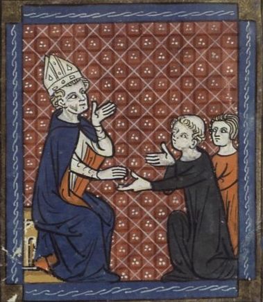 Lupus gibt Almosen. Aus: Vies de saints, France, Français 185 , Fol. 252, 14. Jahrhundert