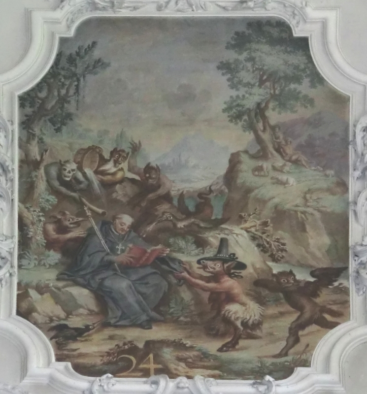 Franz Georg Hermann: Magnus schreckt den Teufel ab, um 1720/21, Fresko in der Basilika St. Mang in Füssen
